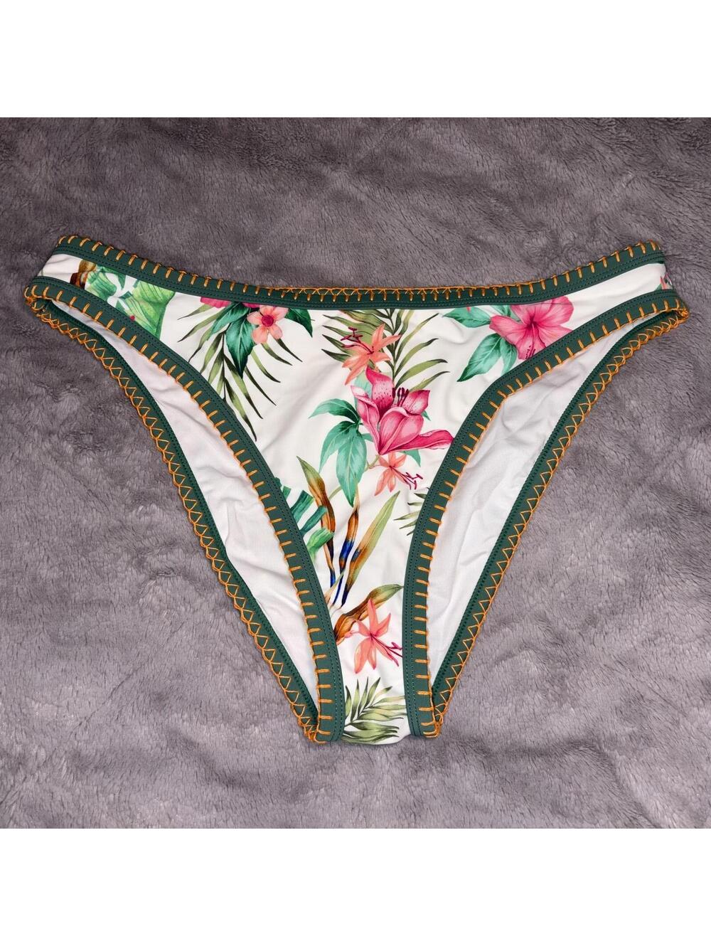Cupshe Floral High-Cut Bikini Bottom Women's Large NWT Tropical Pink Green White